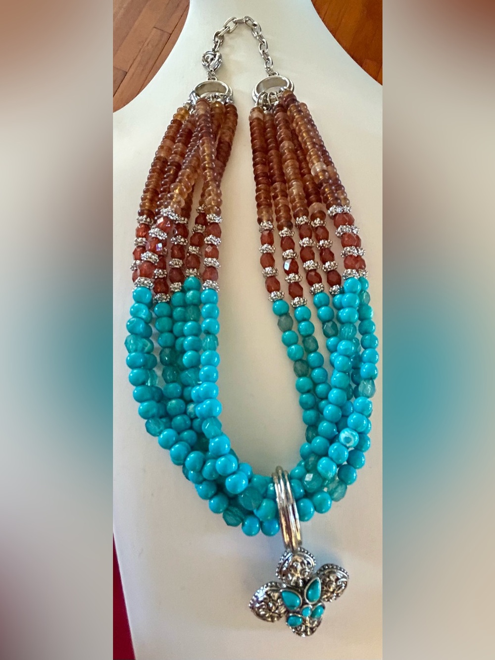 RJ Graziano 22” Multi-Strand Turquoise & Brown Bead Statement Necklace